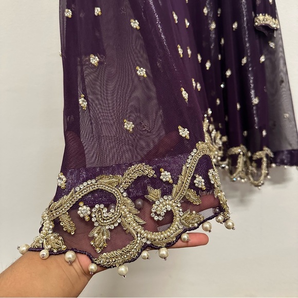 Dark Purple and Gold Three-Piece Salwar Kameez Heavy Formal Wear Size Approx. L - Picture 8 of 16